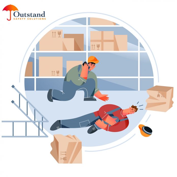 Warehouse dangerous accident with people, emergency at storage workplace illustration. Cartoon worker lying on floor of storehouse with injured leg, colleague calling for help by mobile phone